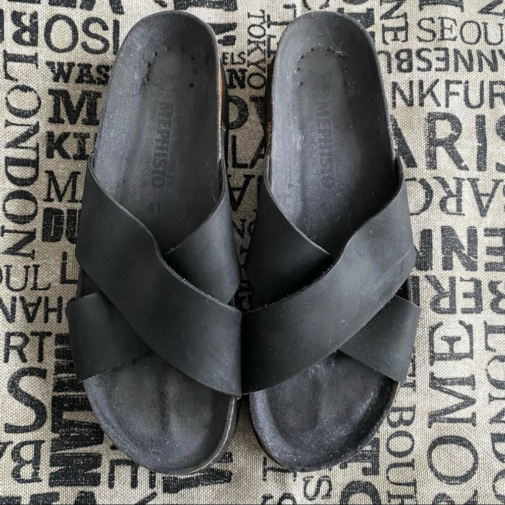 Mephisto leather cork bottom sandals.